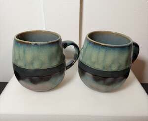 2- Roscher Stoneware Coffee Tea Mug Cup Metallic Bronze Artisan Glaze Green